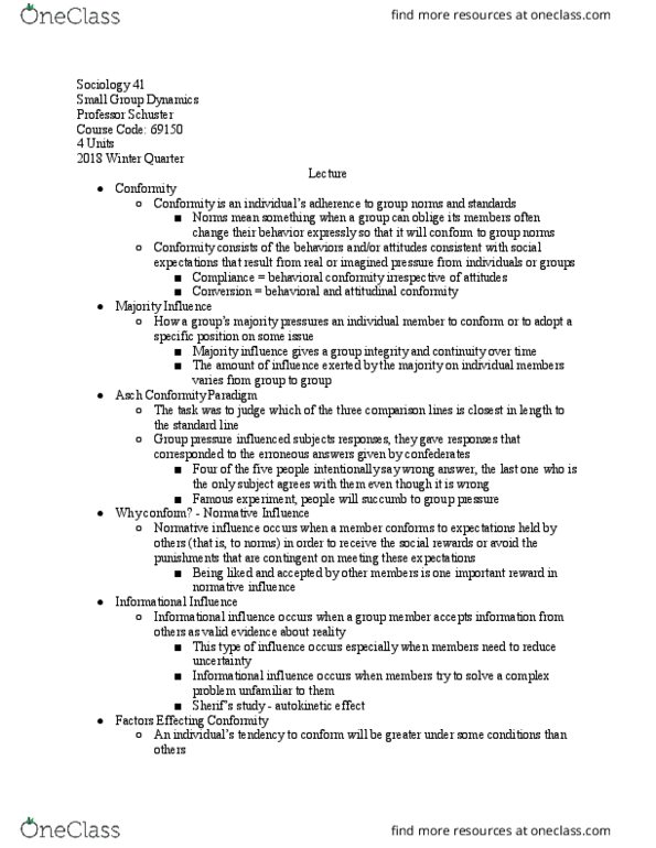 SOCIOL 41 Lecture Notes - Lecture 11: Arthur Schuster, Minority Influence thumbnail