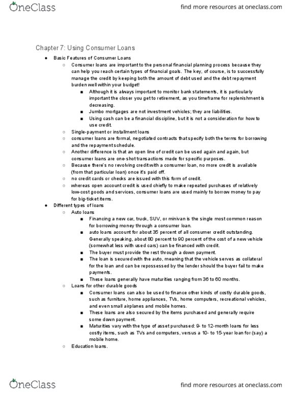 FINC 120 Chapter Notes - Chapter 7: Revolving Credit, Alternative Financial Service, Unsecured Debt thumbnail