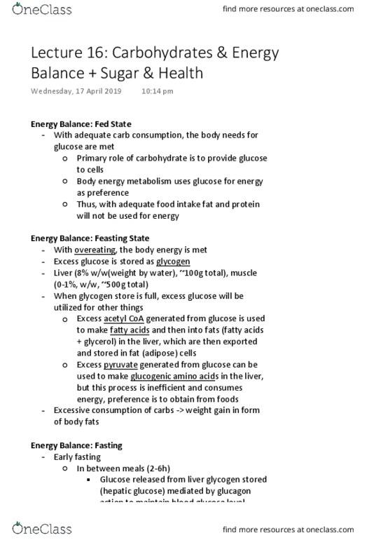 FOOD20003 Lecture Notes - Lecture 16: Acetyl-Coa, Glycogen, Blood Sugar thumbnail