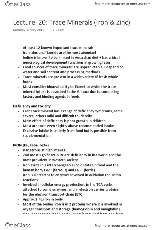 FOOD20003 Lecture Notes - Lecture 20: Zinc Deficiency, Iron Supplement, Citric Acid Cycle thumbnail