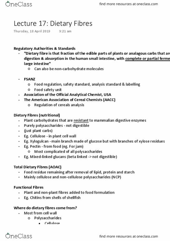 FOOD20003 Lecture Notes - Lecture 17: Dietary Fiber, Xylose, Glucan thumbnail