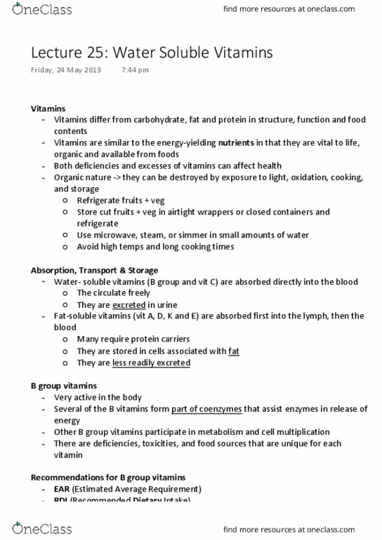 FOOD20003 Lecture Notes - Lecture 25: B Vitamins, Coenzyme A, Thiamine Pyrophosphate thumbnail