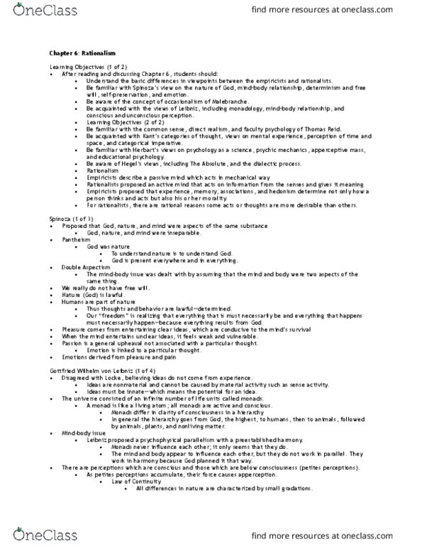 PSY 421 Lecture Notes - Lecture 6: Gottfried Wilhelm Leibniz, Psychophysical Parallelism, Baruch Spinoza thumbnail