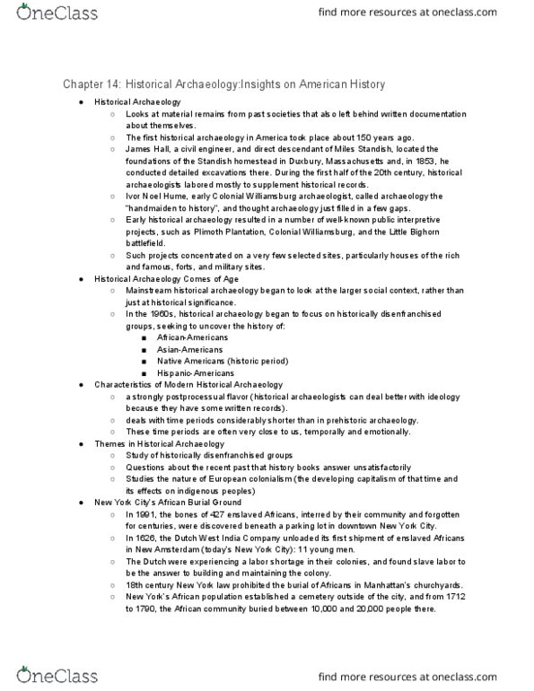 ANTH 202 Lecture Notes - Lecture 15: African Burial Ground National Monument, Plimoth Plantation, Colonial Williamsburg thumbnail