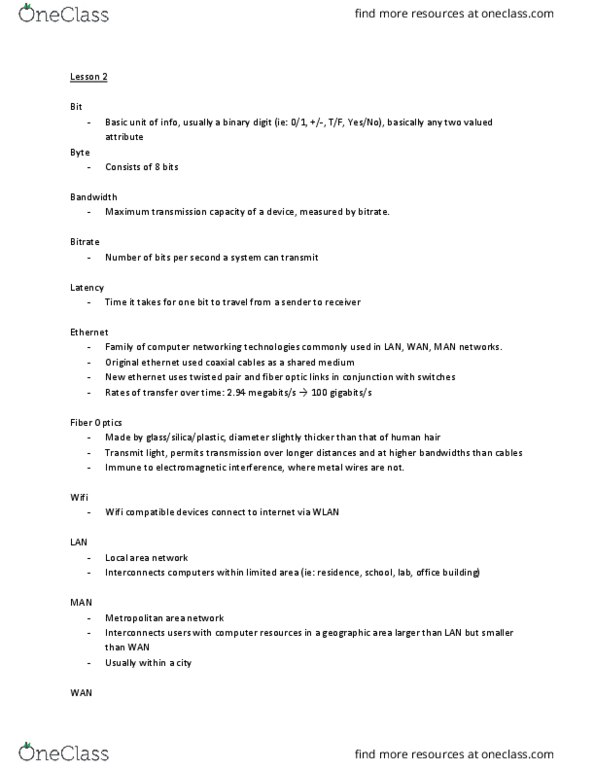 COMP 2057 Lecture Notes - Lecture 2: Local Area Network, Bit Rate, Shared Medium thumbnail