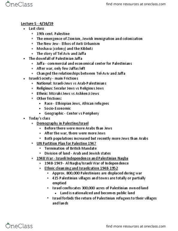 SOCI 153 Lecture Notes - Lecture 5: United Nations Partition Plan For Palestine, Moshava, Ethnic Cleansing thumbnail