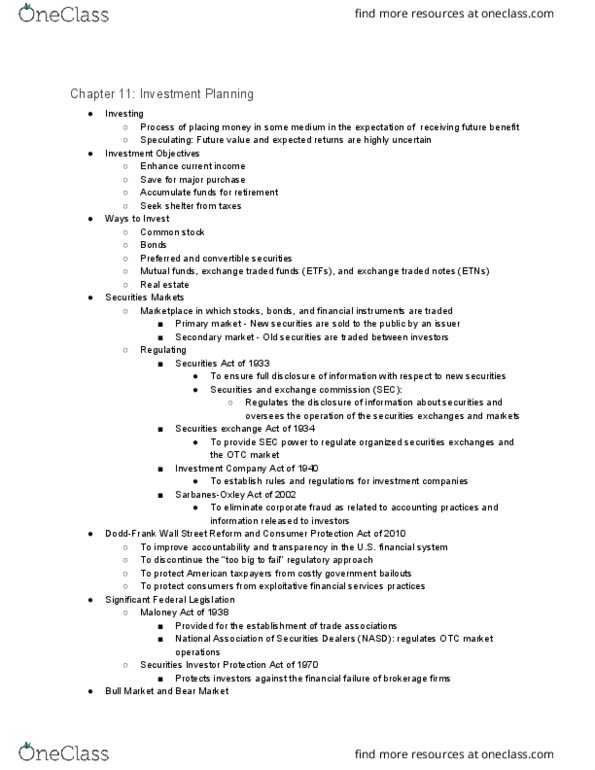 FINC 120 Lecture Notes - Lecture 11: Securities Investor Protection Corporation, Stock Exchange, Financial Industry Regulatory Authority thumbnail