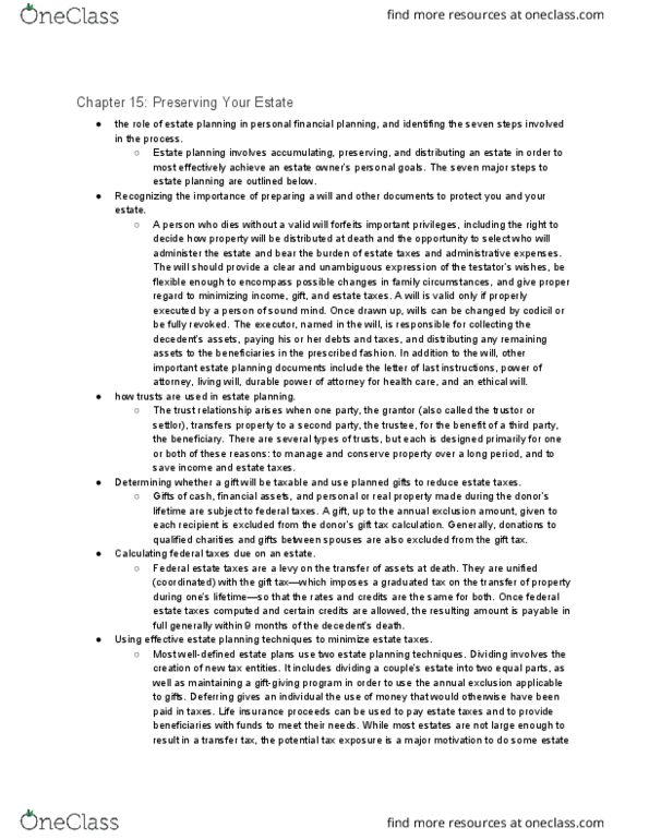 FINC 120 Chapter Notes - Chapter 15: Estate Planning, Settlor, Life Insurance thumbnail