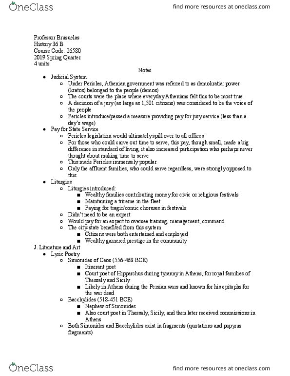 HISTORY 36B Lecture Notes - Lecture 10: Bacchylides, Trireme, Dithyramb thumbnail