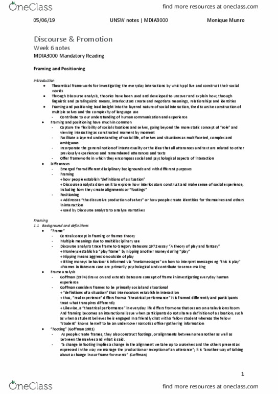 MDIA3000 Chapter Notes - Chapter 6: Discourse Analysis, Frame Analysis, Erving Goffman thumbnail