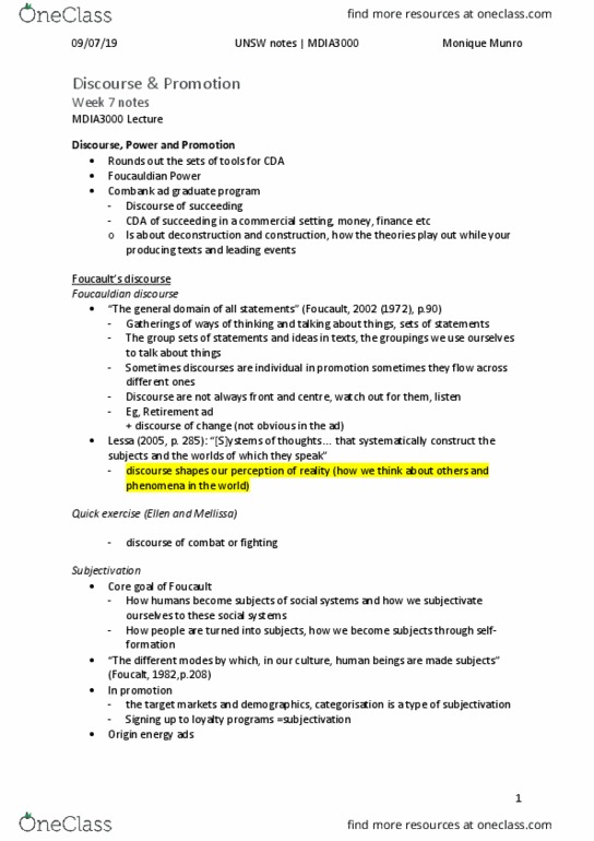 MDIA3000 Lecture Notes - Lecture 7: Origin Energy, Michel Foucault, University Of New South Wales thumbnail