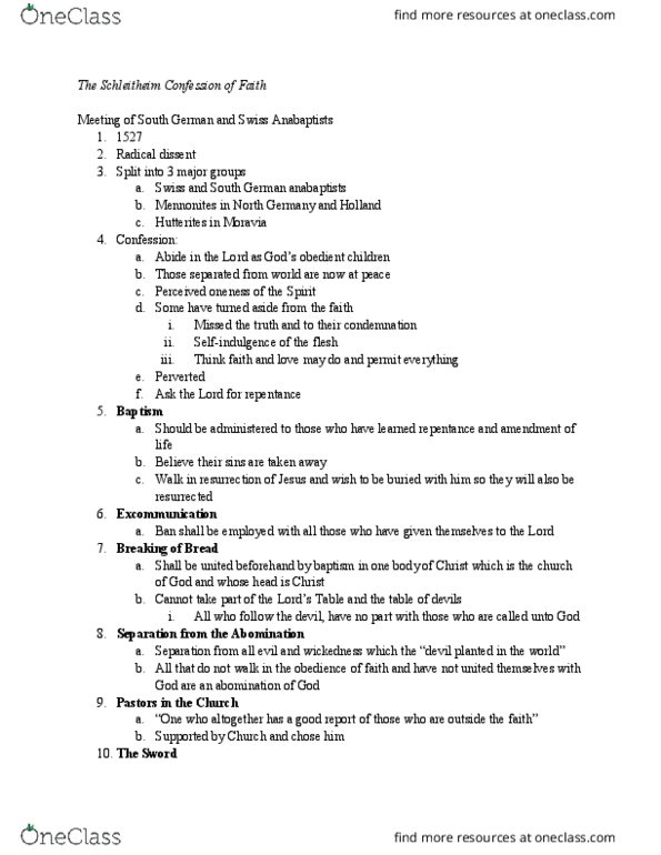 HIST 115 Lecture Notes - Lecture 4: Schleitheim Confession, Anabaptism, Hutterite thumbnail