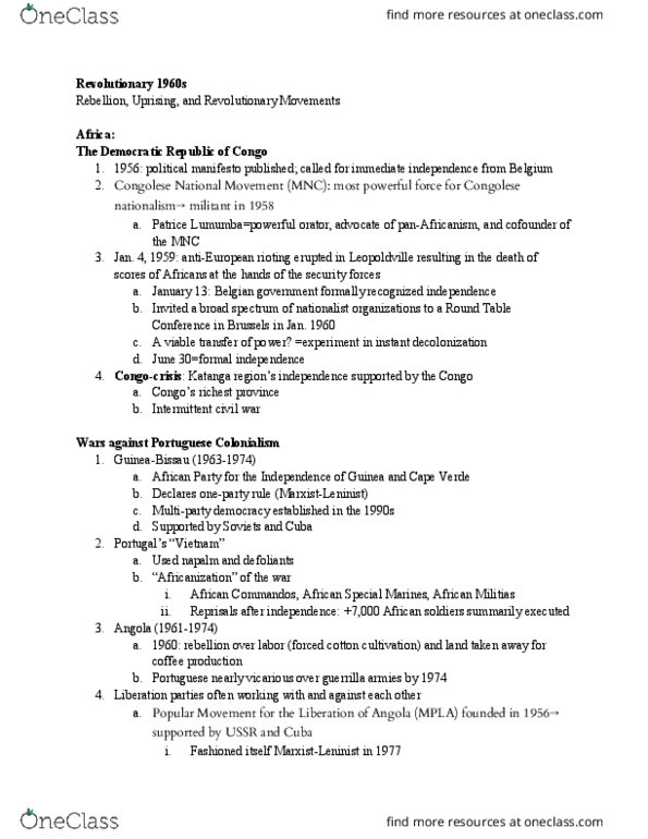 HIST 116 Lecture Notes - Lecture 13: Kinshasa, Multi-Party System, Mpla thumbnail
