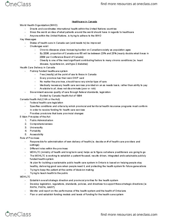 MEDRADSC 1F03 Lecture Notes - Lecture 11: World Health Organization, Canada Health Act, Ontario Health Insurance Plan thumbnail