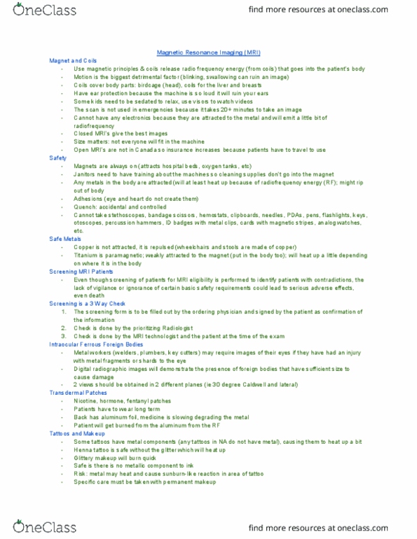 MEDRADSC 1F03 Lecture Notes - Lecture 8: Magnetic Resonance Imaging, Mehndi, Permanent Makeup thumbnail