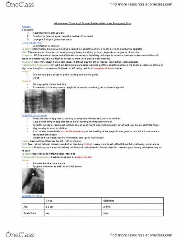 MEDRADSC 2I03 Lecture Notes - Lecture 13: Respiratory Tract, Haemophilus Influenzae, Croup thumbnail