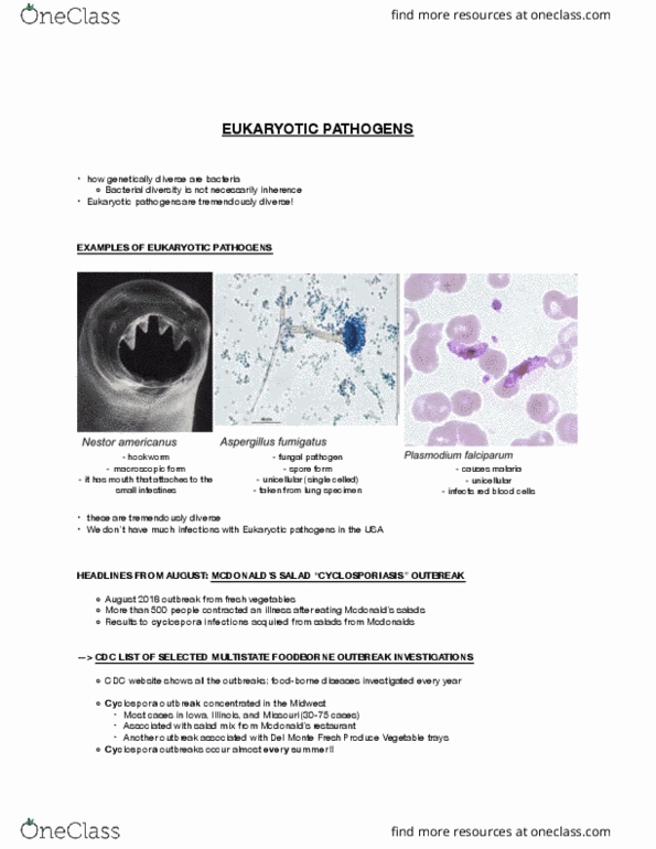 PB HLTH 162A Lecture Notes - Lecture 4: Cyclospora, Eukaryote, Malaria thumbnail
