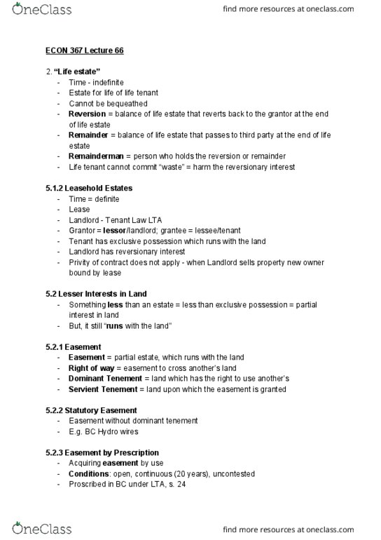 ECON 367 Lecture Notes - Lecture 66: Life Estate, Remainderman, Bc Hydro thumbnail