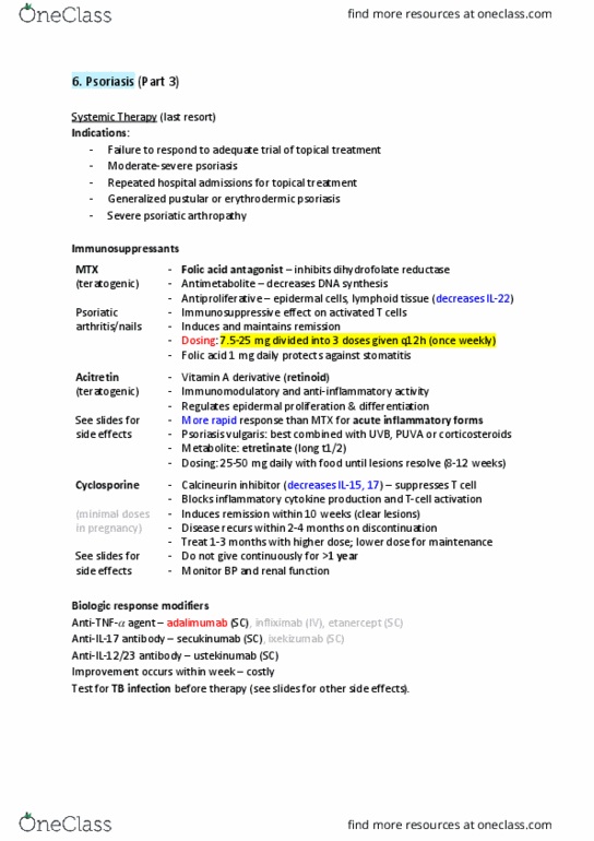 PHRM 111 Lecture Notes - Lecture 6: Psoriasis, Secukinumab, Etretinate thumbnail