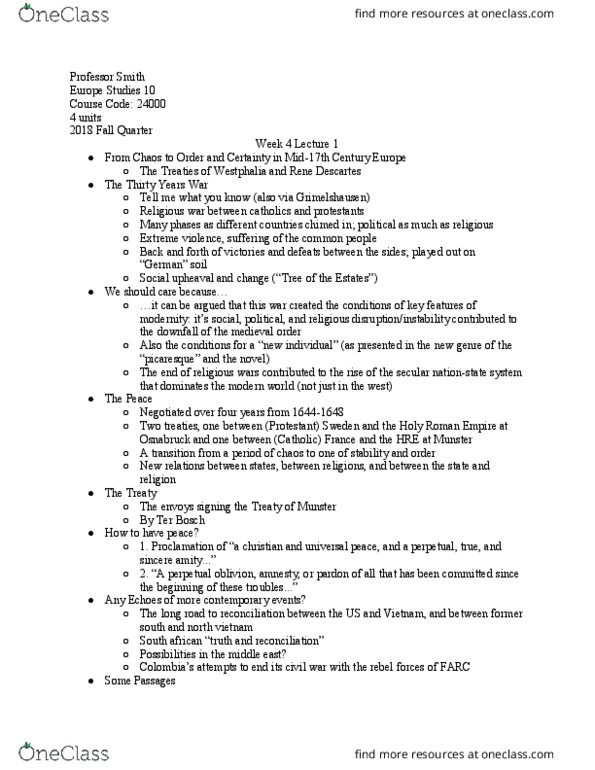 EURO ST 10 Lecture Notes - Lecture 7: Picaresque Novel, Religious War, From Chaos thumbnail