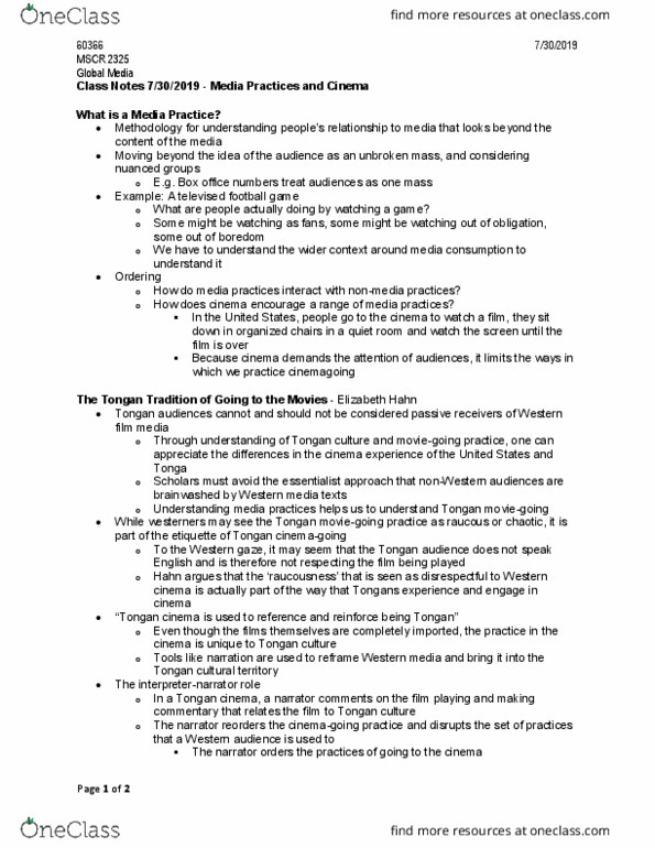 MSCR 2325 Lecture Notes - Lecture 17: Culture Of Tonga, Understanding Media, Media Consumption thumbnail