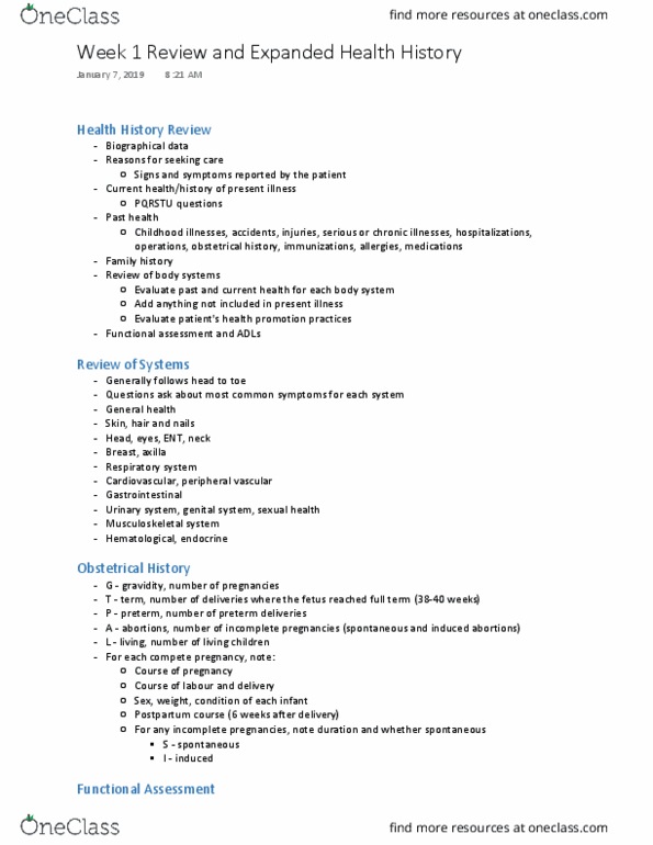 NURSING 1J02 Lecture 1: Week 1 Review and Expanded Health History thumbnail