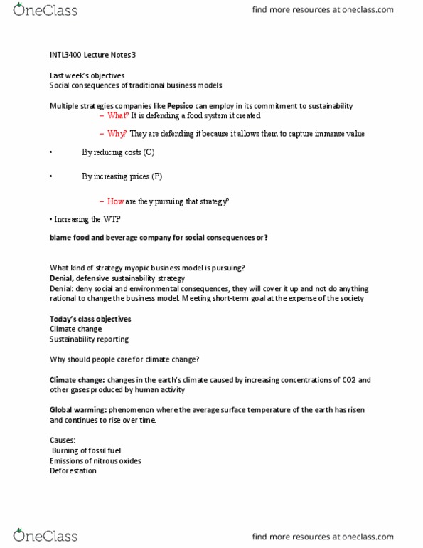 INTL 3400 Lecture Notes - Lecture 3: Sustainability Reporting, Pepsico, Global Warming thumbnail