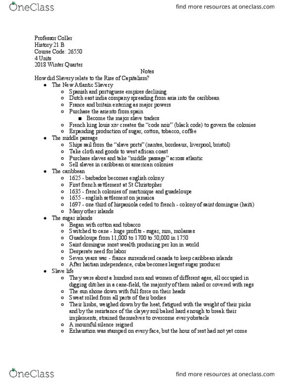 HISTORY 21B Lecture Notes - Lecture 8: Saint-Domingue, Code Noir, Middle Passage thumbnail