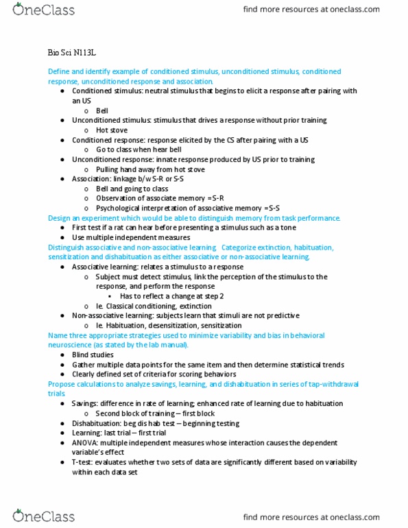 BIO SCI N113L Lecture Notes - Lecture 5: Classical Conditioning, Repeated Measures Design, Dishabituation thumbnail