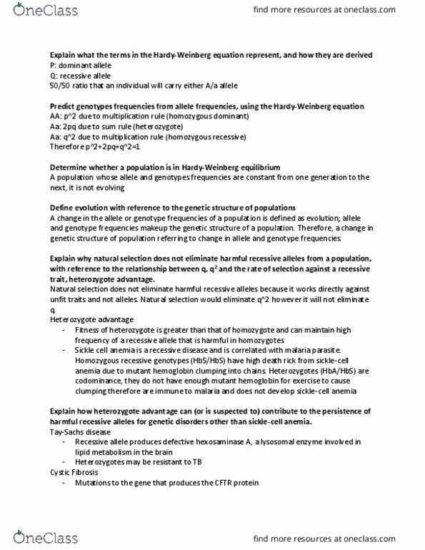 BIOL 1001 Lecture Notes - Lecture 5: Sickle-Cell Disease, Heterozygote Advantage, Cystic Fibrosis thumbnail