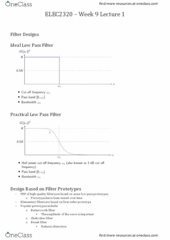 ELEC2320 Lecture Notes - Lecture 10: Bessel Filter, Chebyshev Filter, Passband thumbnail