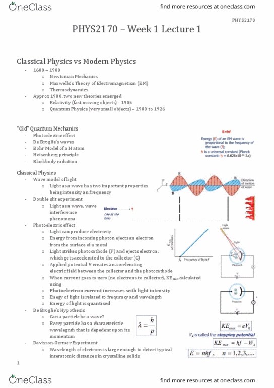 PHYS2170 Lecture Notes - Lecture 1: Photocathode, Black-Body Radiation, Classical Mechanics thumbnail