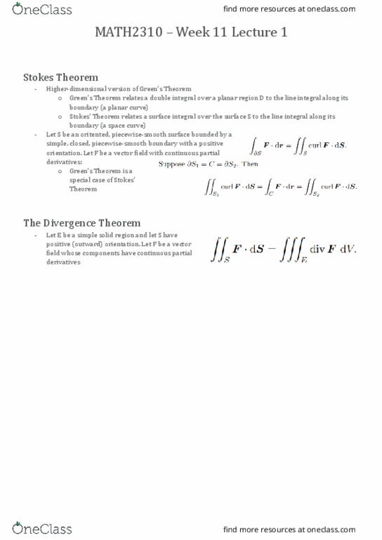 MATH2310 Lecture Notes - Lecture 19: Divergence Theorem, Surface Integral, Curve thumbnail