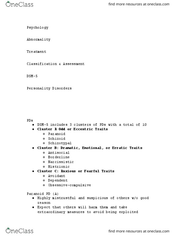 PSYCH 212 Lecture Notes - Lecture 19: Extraordinary Measures, Personality Disorder, Dsm-5 thumbnail