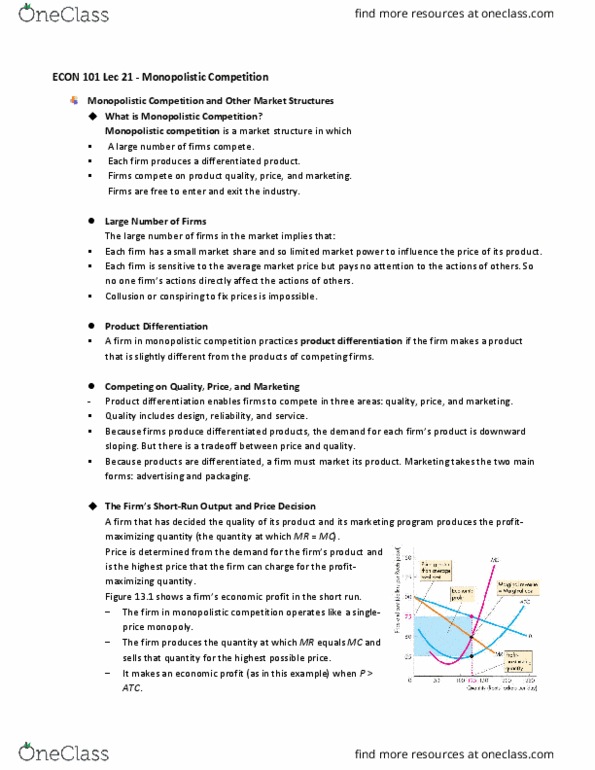 ECON101 Lecture Notes - Lecture 21: Monopolistic Competition, Product Differentiation, Market Power thumbnail