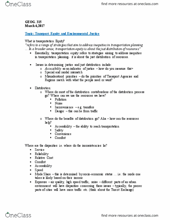 GEOG 315 Lecture Notes - Lecture 3: Transportation Planning, Working Poor, Redlining thumbnail