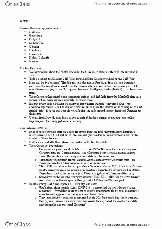 HIST 304 Lecture Notes - Lecture 17: Lê Đức Thọ, Hallstein Doctrine, Berlin Blockade thumbnail