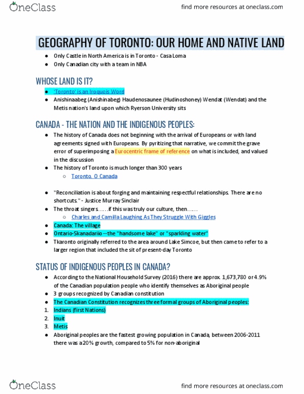 GEO 793 Lecture Notes - Lecture 2: Aboriginal Peoples In Canada, Lake Simcoe, Murray Sinclair thumbnail