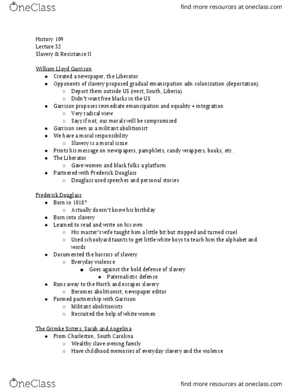 HIST 109 Lecture Notes - Lecture 32: William Lloyd Garrison, North South Mrt Line, Paternalism thumbnail