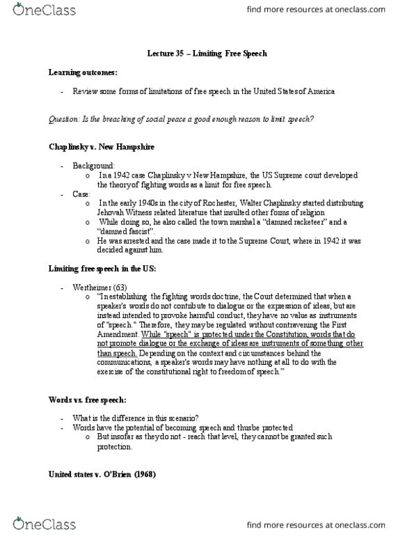 PHILOS 3Q03 Lecture Notes - Lecture 35: Chaplinsky V. New Hampshire thumbnail