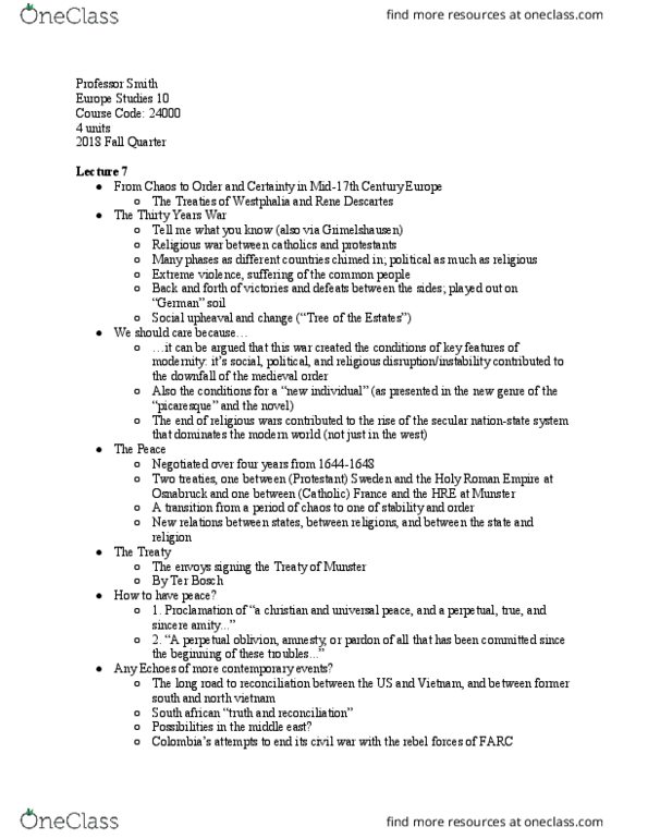 EURO ST 10 Chapter Notes - Chapter 4: Perpetual Peace, Religious War, Picaresque Novel thumbnail