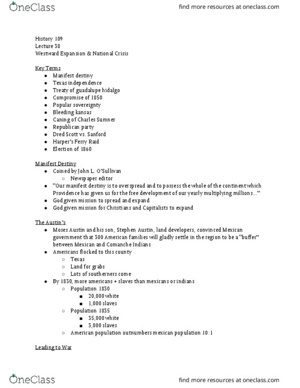 HIST 109 Lecture Notes - Lecture 38: United States Territorial Acquisitions, Moses Austin, Manifest Destiny thumbnail