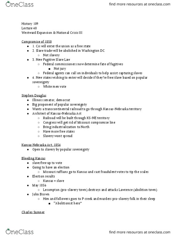 HIST 109 Lecture Notes - Lecture 40: United States Territorial Acquisitions, Preston Brooks thumbnail