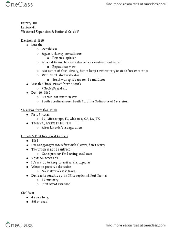 HIST 109 Lecture Notes - Lecture 42: United States Territorial Acquisitions, Capitalism, Emancipation Proclamation thumbnail