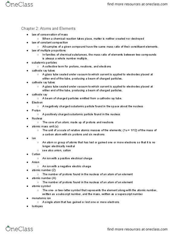 CHEM 111 Chapter Notes - Chapter 2: Cathode Ray Tube, Unified Atomic Mass Unit, Subatomic Particle thumbnail