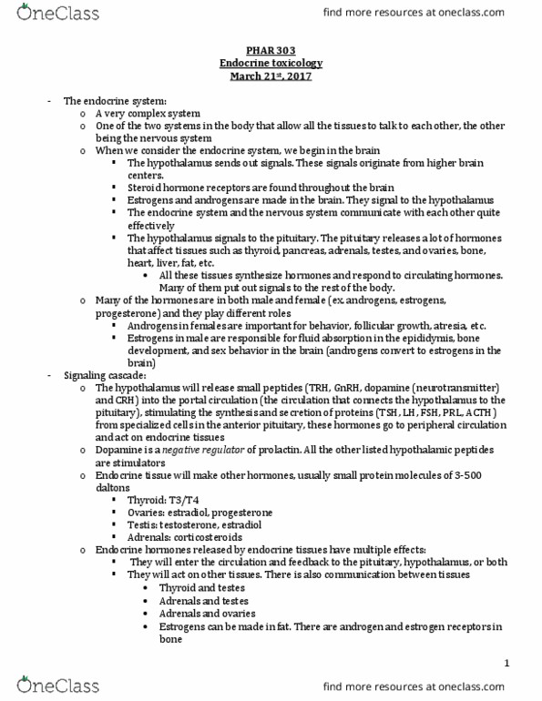 PHAR 303 Lecture Notes - Lecture 1: Estrogen Receptor, Anterior Pituitary, Portal Venous System thumbnail