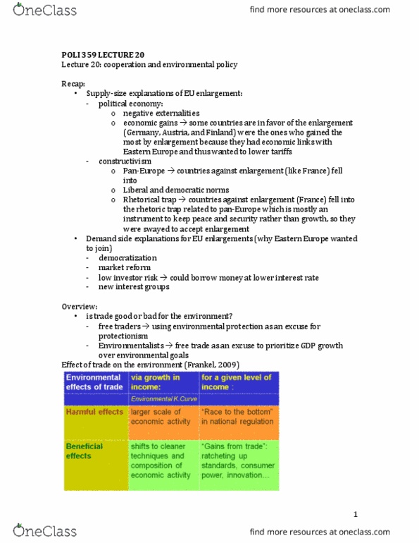 POLI 359 Lecture Notes - Lecture 20: Enlargement Of The European Union, Environmental Policy, Externality thumbnail