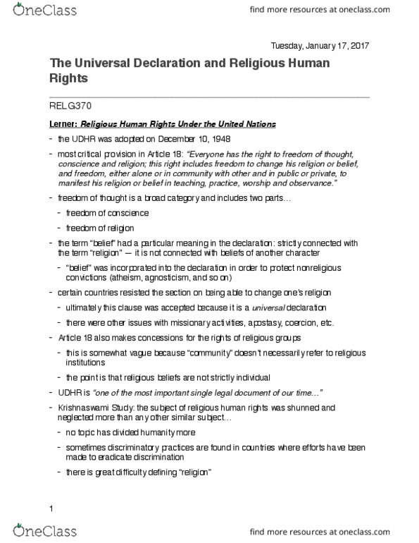 RELG 370 Lecture Notes - Lecture 24: Universal Declaration Of Human Rights, Agnosticism, Utopia thumbnail