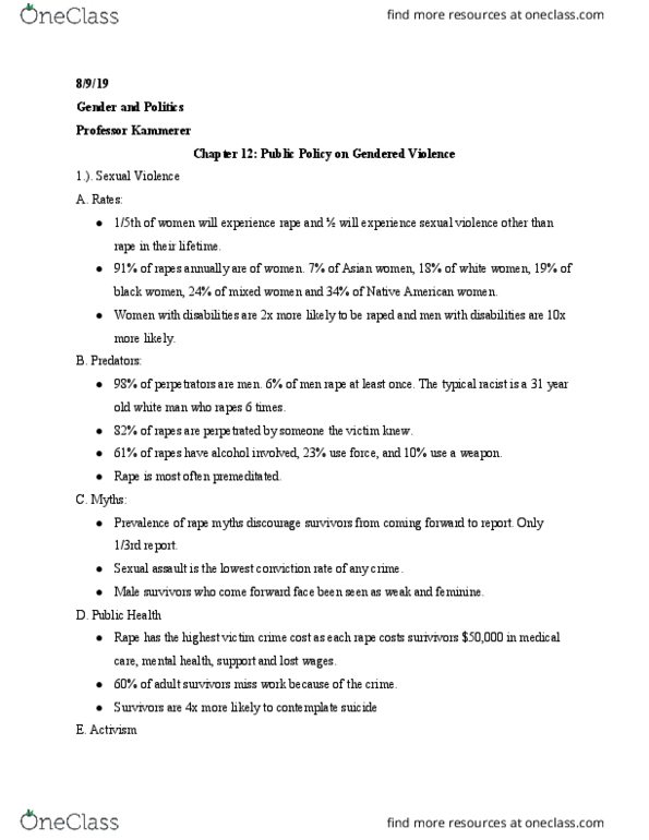 POLS 2375 Chapter Notes - Chapter 12: Sexual Assault, Date Rape thumbnail