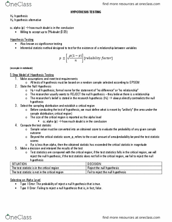 PO218 Lecture Notes - Lecture 3: Null Hypothesis, Type I And Type Ii Errors, Test Statistic thumbnail